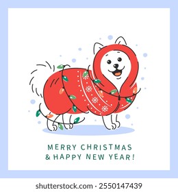 Dog spitz in winter festive clothes and with a garland. Сute pet in jacket and hat. Vector illustration for greeting card Merry Christmas and Happy New Year. 