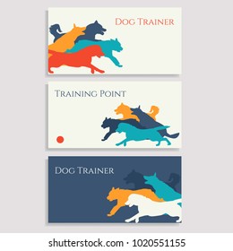 Dog sport leaflets. Trainer business cards. Dog sport brochures. Set of cards with dogs.