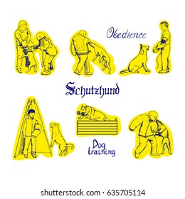 Dog sport vector illustration. Schutzhund training sketches. Men train dogs.