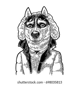 Dog sportsman in human sun glasses and warm winter jacket. Vintage black engraving illustration for poster. Isolated on white background