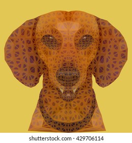 Dog with spots on a muzzle, the beautiful brown eyes dropped by ears and an open mouth. Drawing manner triangulation, frontal composition.