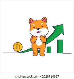Dog is standing in front of the upward arrow graph. Vector graphic illustration. Individually on a white background.
