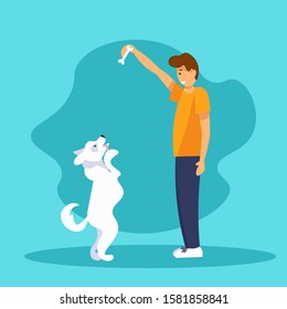 Dog standing on hind legs asking for food. Young man is training his puppy. Owner give command to his dog to get on two paws. Flat vector Illustration.