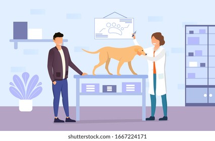 The dog standing on the table at the veterinary office, being examining by the doctor and getting a shot. Vector Image with happy dogs owner and veterinarian