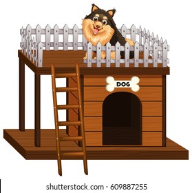 Dog standing on wooden hut illustration