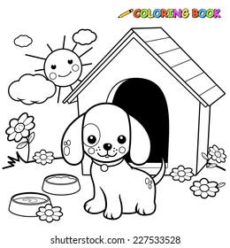 Dog Standing Outside His Doghouse. Vector Black And White Coloring Page.