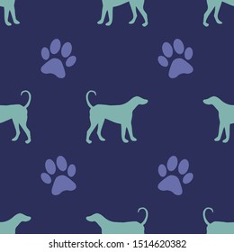 Dog standing seamless pattern with paw foot print background