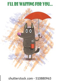 Dog standing under red umbrella on rainy and hold cup of tea. Vector illustration