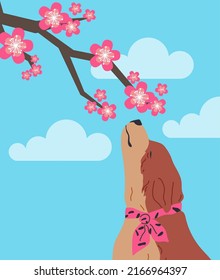 Dog standing under tree and smelling flowers. Pet spends time in nature. Domestic animal resting in park. Natural landscape with tree and doggy vector illustration. Cute puppy with collar outdoor