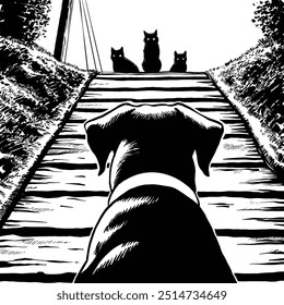 Dog stands still in front of the cats in the evening scene black and white