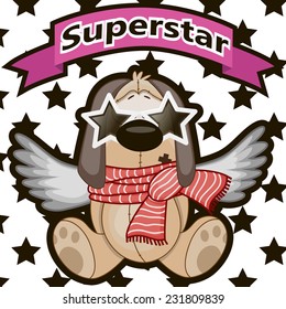 Dog with star glasses on the background of stars 