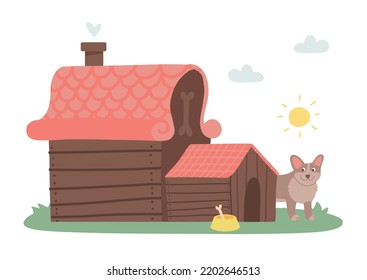 Dog staying near huge wooden kennel with bone in bowl. Vector flat cartoon illustration of cute puppy and doghouse isolated on white background