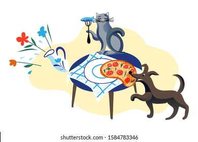 Dog stealing pizza from table. Cat eating fish from fork on desk. Hungry samoyed domestic animals. Falling vase with flowers. Bad home pets. Problem and trouble. Vector flat cutout illustration