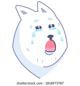 Sticker de perro, emoción de llanto. Perro sticker Samoyed llorando. Molesto llanto emoticono. Emoticon para las redes sociales.