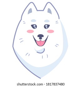 Dog sticker, friendliness. Cartoon dog smiling. Cheerful puppy with a funny little face. Samoyed dog.