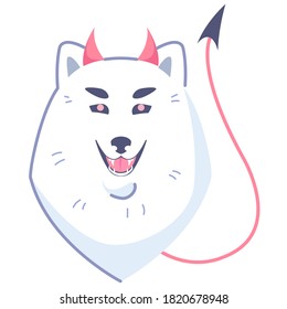 Dog sticker, insidious devil. Emoticon for social networks and messengers. White dog pet. Cute kawaii animal in cartoon style.