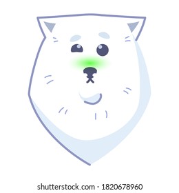 Dog sticker, nausea, green muzzle. Emoticon for social networks and messengers. White dog pet. Cute kawaii animal in cartoon style.