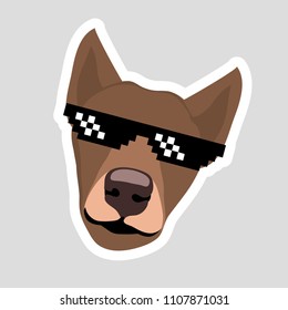 Dog sticker in pixel glasses. Super-duper brown dog in white frame. Vector isolated on background. Hand drawn illustration of serious dog for icon sticker patch poster logo mascot emoji emoticon