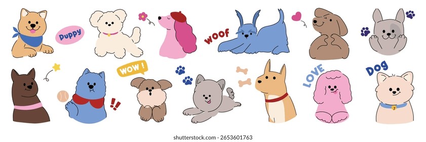 Dog sticker vector. Lovely dog doodle pattern in different poses and breeds. Adorable funny pet and many characters hand drawn collection for T-shirt, sticker, print, pet shop.