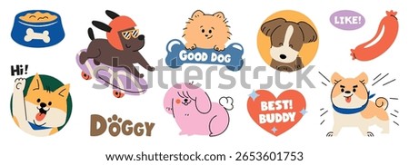 dog sticker vector. Lovely dog doodle pattern in different poses and breeds. Adorable funny pet and many characters hand drawn collection for T-shirt, sticker, print, pet shop.