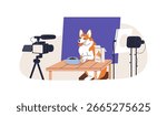 Dog in studio during video shooting session, commercial production with camera and lighting. Cute canine animal model works for feed advertising. Flat vector illustration isolated on white background