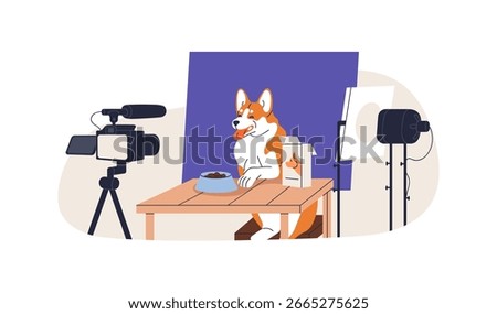 Dog in studio during video shooting session, commercial production with camera and lighting. Cute canine animal model works for feed advertising. Flat vector illustration isolated on white background