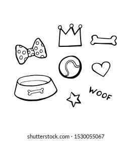 Dog stuff bow, heart,food. Icon set. Vector illustration.