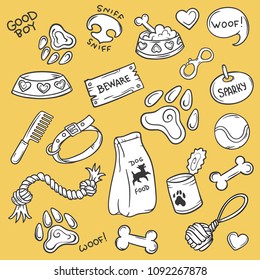 Dog stuff, hand drawn pet accessories, outline icons set, vector illustration