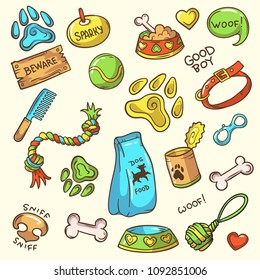 Dog stuff, hand drawn pet accessories, cartoon icons set, hand drawn vector illustration