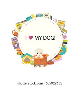 Dog stuff  icons  set  in flat style with dung kennel leash food paw bowl bone and other goods for pet shop.Domestic animals, puppy toy and things care 