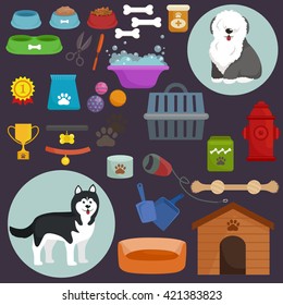 Dog stuff and supply icons flat set with dung kennel leash food paw bowl bone and other goods for pet shop vector illustration.Domestic animals, puppy toy and things care isolated collection