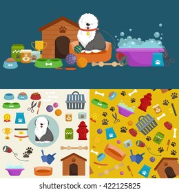 Dog stuff and supply icons flat set with dung kennel leash food paw bowl bone and other goods pet shop vector illustration.Domestic animals, puppy toy and things for care isolated collection