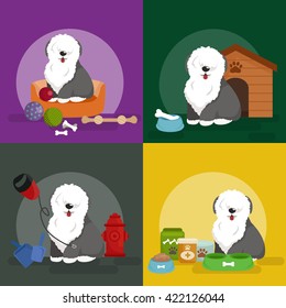 Dog stuff and supply icons flat set with dung kennel leash food paw bowl bone and other goods pet shop vector illustration.Domestic animals, puppy toy and things for care isolated collection