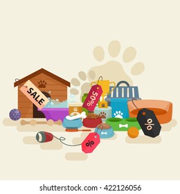 Dog stuff and supply icons flat set with dung kennel leash food paw bowl bone and other goods for pet shop vector illustration.Domestic animals, puppy toy and things care isolated collection