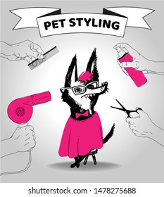 Dog styling salon illustration. Vector elements for pet grooming salon signboard, web banners, flyer, poster design.