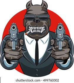perro de traje apuntando con pistolas
