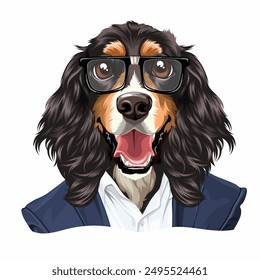 Un perro con traje y gafas como un nerd