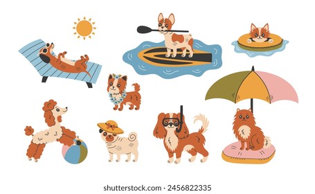 Conjunto de Vector de actividad de playa de verano para perros. Colección de dibujos animados divertidos de pura raza Cachorros ilustraciones con accesorios en estilo plano.