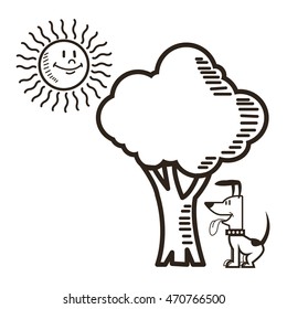 dog sun tree nature cartoon icon. Black white isolated design. Vector illustration