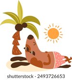 Dog Sunbathing On The Beach Vector Illustration