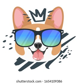 Dog in sunglasses flat illustration. Cool welsh corgi puppy with hand drawn crown isolated on white. Adorable hipster doggy cartoon vector character. Creative element for t shirt print, sticker design