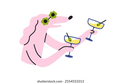 Dog in sunglasses holding festive cocktails, drinks. Funny poodle character celebrating with martini glass, alcohol at holiday party. Comic humor flat vector illustration isolated on white background