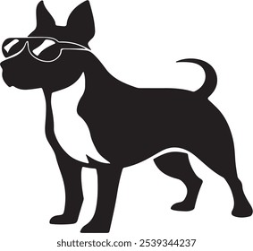 A dog with sunglasses logo ion, silhouette style, minimalist. white background