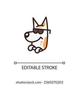 Dog in sunglasses RGB color icon. Pet fashion. Online shop. Good mood. Vet clinic. Party time. Happy puppy. Summer trip. Isolated vector illustration. Simple filled line drawing. Editable stroke
