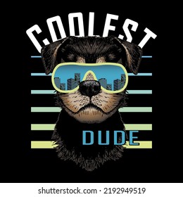 Dog in sunglasses with text coolest dude. Vector illustration.