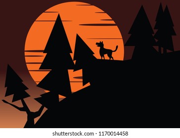 dog and sunset in forest vector illustration 