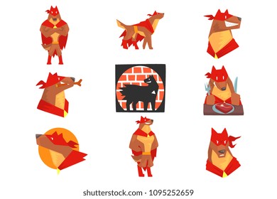 Dog superhero character in action set, dog in different poses with red cape vector Illustrations