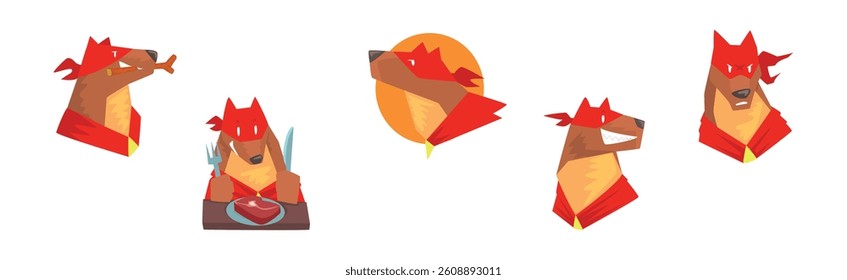 Dog Superhero Character in Red Cape and Mask Vector Set