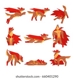 Dog superhero character set, dog in different poses with red cape vector Illustrations