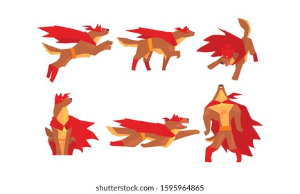 Dog Superhero Character Wearing Red Cloak and Guarding People Vector Set